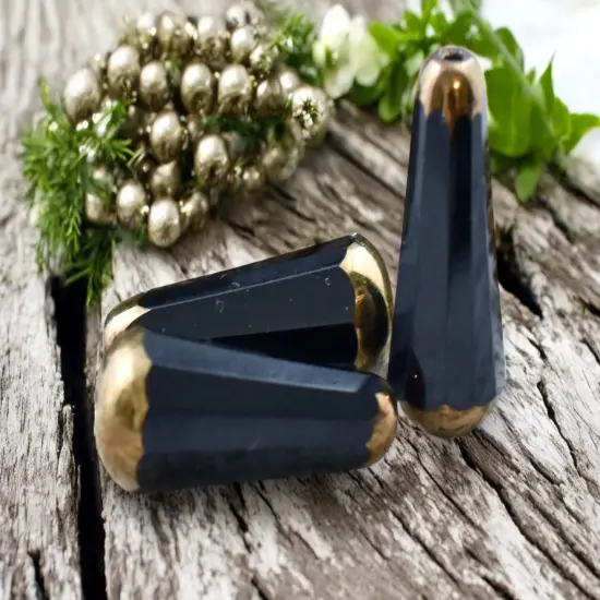 *6* 8x20mm Bronze Tipped Jet Black Faceted Drop Beads {6}