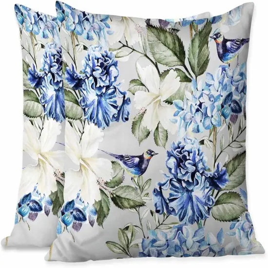 Pillow Covers Colorful Watercolor Blue Hydrangea Hibiscus Iris Leaf and Bird Spring Flowers Pattern 18X18 Inch Set of 2,Standard Square Cushion Throw Cover for Couch Bedroom Living {1}