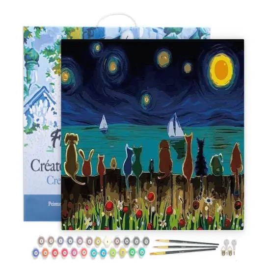 Figured'Art Paint by Numbers for Adults with Frame Starry Night with Animals 16"x20" - Craft Art Painting DIY Kit Canvas Already Stretched on a Wooden Frame {1}