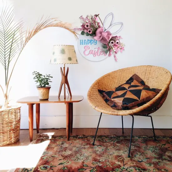 16" Spring Pink Flower Wreath with Happy Easter Sign &ndash; Front Door & Wall Decor {4}