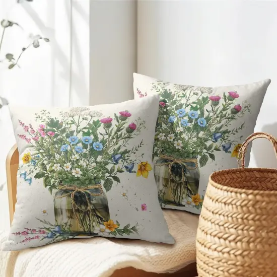 Spring Wildflower Throw Pillow Covers 18X18 Inches Set of 2 Multi Colored Daisy Flowers Mason Jar Pillowcase Soft Cotton Linen Square Spring Cushion Covers for Home Sofa Patio Bedroom {5}