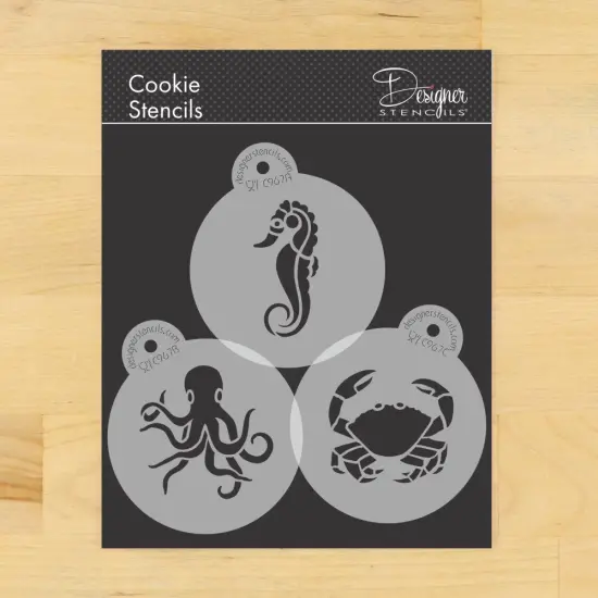 Sea Creatures Cookie Set | C967 by Designer Stencils | Cookie Decorating Tools | Baking Stencils for Royal Icing, Airbrush, Dusting Powder | Reusable Plastic Food Grade Stencil for Cookies | Easy to Use & Clean Cookie Stencil {1}