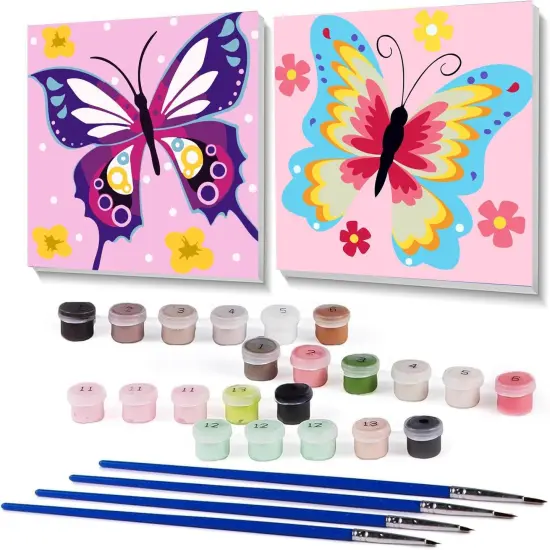 2 Pack Butterfly Paint by Number for Kids,Easy Paint by Numbers for Kids Ages 8-12,DIY Acrylic Oil Painting Kits for Home Wall Decor and Girls Gifts-8x8inch（with Wooden Framed） {1}