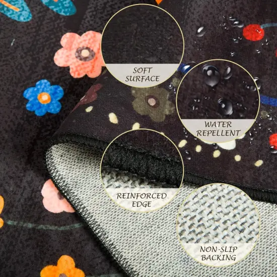 Spring Floral 5x7 Area Rug Machine Washable Boho Carpet Non Slip Doormat Low Pile Flower Area Rugs for Living Room Bedroom Kitchen Dining Room Hallway Entryway Indoor-Black {4}