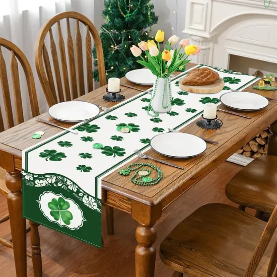 Lucky Clover Green Shamrocks Table Runner, Seasonal St Patrick's Day Holiday Kitchen Dining Table Runner {4}