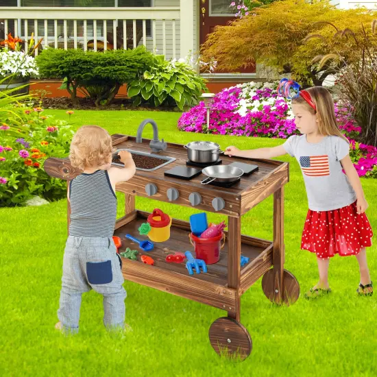 Wooden Outdoor Movable Mud Kitchen with 2 Rolling Wheels and Push Handle {2}