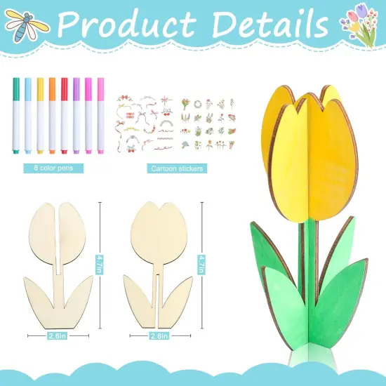 24 Pack Wood Tulips to Paint, DIY Wooden Tulips Flowers Craft Kits with Decorate Tools Spring Summer Centerpieces Craft Ornaments for Home DIY Craft Party Favors Tiered Tray Decorations {6}