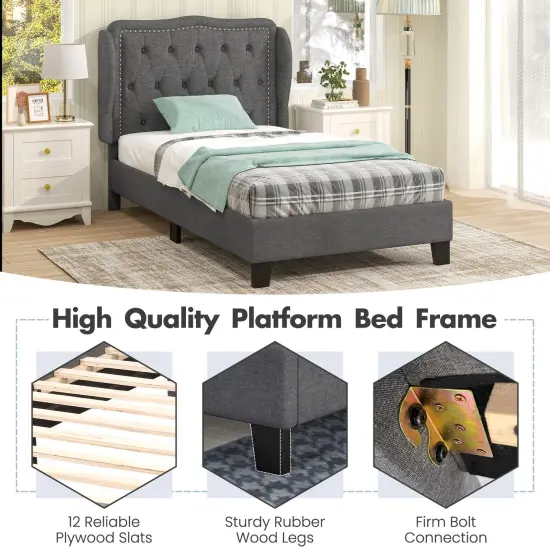 Twin Size Bed Frame with Button Tufted Wingback Headboard and Storage Space-Gray {6}