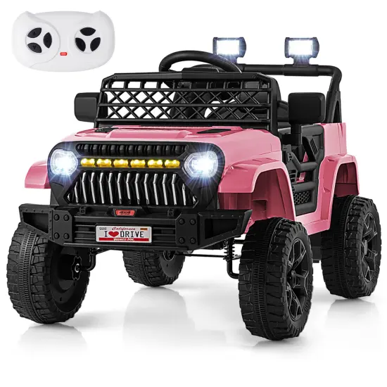 12V Ride-On Truck Car for Kids with Parental Remote, Music Player, and LED Lights Pink {2}