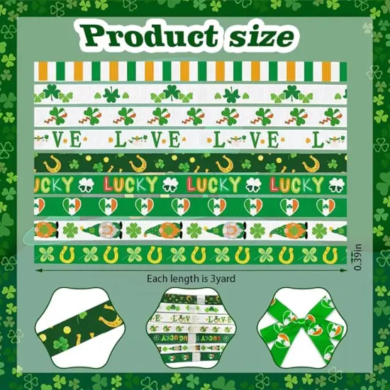 9 Rolls 27 Yards 3/8" St. Patrick's Day Ribbon Green Ribbons for St. Patrick's Day Decor, Gnome Shamrock Grosgrain Ribbon for St. Patrick's Day Parade Gift Wrapping Bows Crafting Supplies {2}