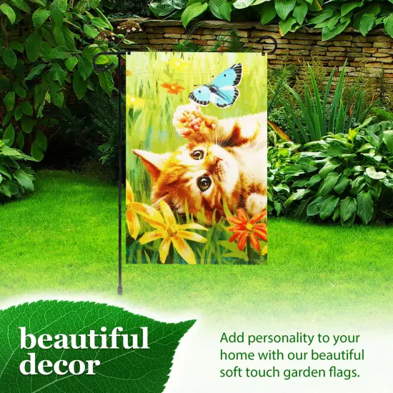 G128 Combo Pack: Garden Flag Stand 36x16IN & Garden Flag Kitten Butterfly Flowers Printed 12x18IN Double Sided {6}