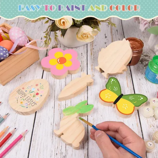 12 Pcs Easter Wooden Cutouts Unfinished Easter Shaped Table Sign Easter Standing Wooden Centerpieces Unpainted Easter Wood Blocks for DIY Crafts School Art Projects Easter Spring Decor,6 Style {3}