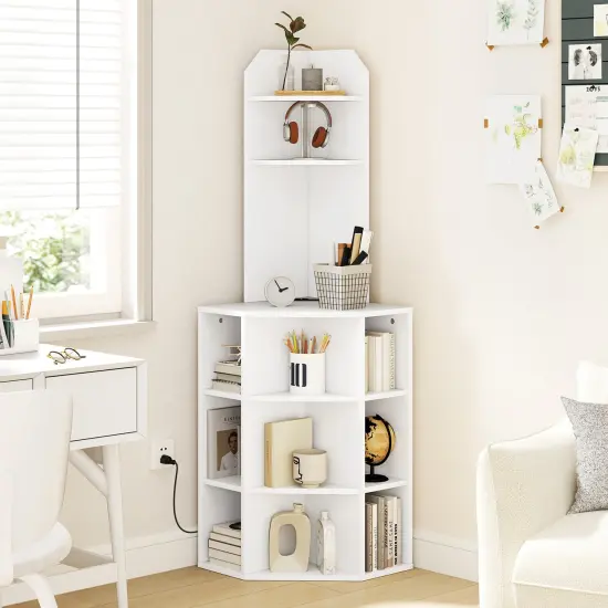 6-Tier Corner Shelf with Charging Station and 2 USB Ports Perfect for Any Room White {1}