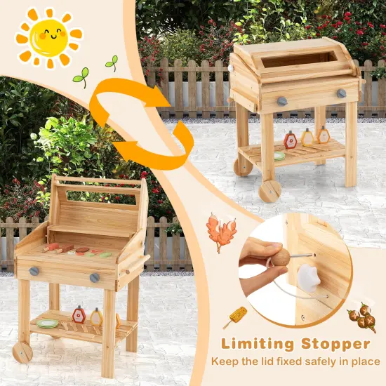 Kids Wooden Barbecue Grill Playset Pretend Kitchen with Food and Wheels-Natural {6}