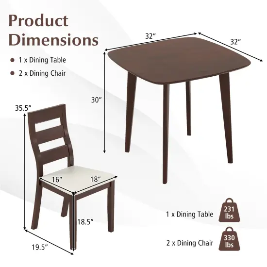 3-Piece Dining Table Set with Wooden Square Kitchen Table and 2 Chairs-Walnut {5}