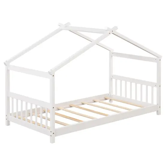 Wooden Twin Size House Bed with Roof Frame for Kids Bedroom White {7}