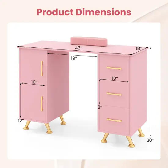 Wooden Manicure Table Nail Desk with Drawers Wrist Rest Pink {5}