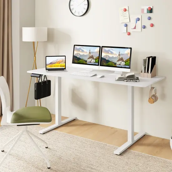 White Electric Standing Desk with 3 Memory Heights and 2 Hanging Hooks and Cable Holes {2}