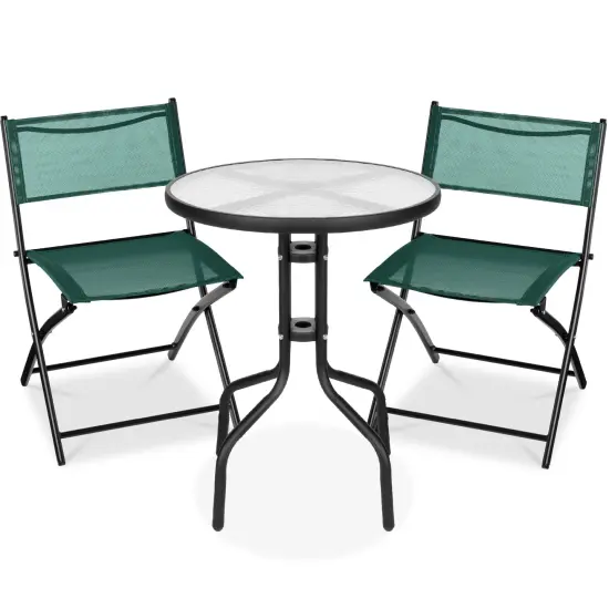 Best Choice Products 3-Piece Patio Bistro Dining Furniture Set w/ Round Textured Glass Tabletop, Folding Chairs Dark Green {1}