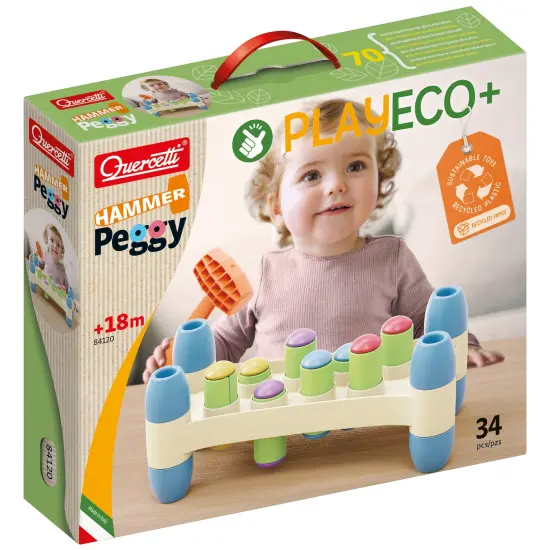 Quercetti: PlayEco+ Hammer Peggy - Classic Peg Pounding Bench Toy, Interactive & Colorful Board, Preschool Cause-Effect Play, Toddler & Kids 18mo+ {1}