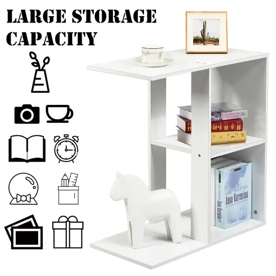 Costway 3-tier Side Table W/Storage Shelf Space-saving Nightstand White {6}