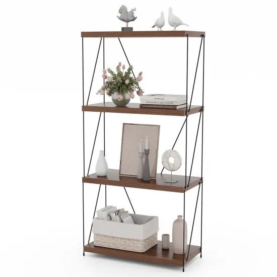 Costway 1/2 PCS 4-Tier Multipurpose Display Rack Freestanding Bookcase with Metal Frame Walnut {1}