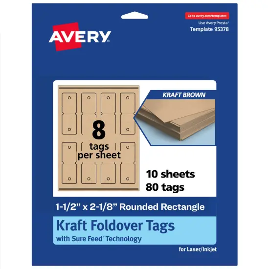 Avery Printable Rounded Rectangle Foldover Tags, Sure Feed Technology, 1-1/2" x 2-1/8", Matte Kraft Brown Cardstock, Print-to-The-Edge, Laser/Inkjet Printable, 80 Total {7}