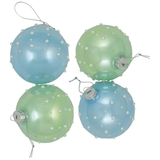 Northlight Shiny Glass Ball Christmas Ornaments with Pearl Drops - 3" (80mm) - Blue and Green- 4ct {4}