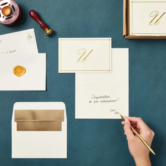 Gold Foil Letter U Personalized Blank Note Cards with Envelopes 4x6, Initial U Monogrammed Stationery Set (Ivory, 24 Pack) {2}