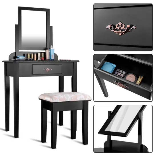 Costway Makeup Desk Vanity Dressing Table Square Stool 1 Large Black {4}