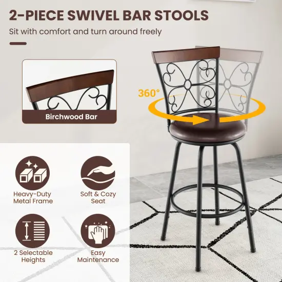 Costway Set of 2 24/30 Inch Adjustable Swivel Barstools Metal Dining Chairs Black&Brown {6}