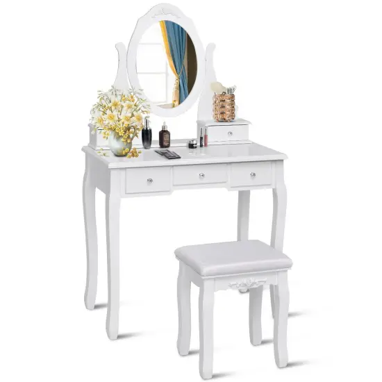 Costway Bedroom Wooden Mirrored Makeup Vanity Set Stool Table Set White 5 Drawers {4}