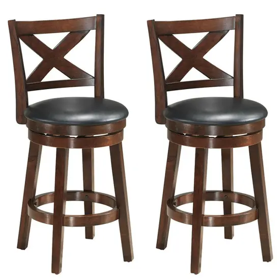 Costway Set of 2 Bar Stools 24'' Height Wooden Swivel Backed Dining Chair Home Kitchen Cross Back {1}