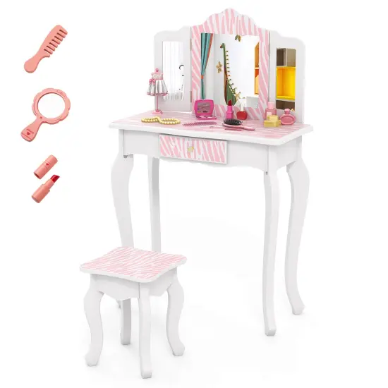 Costway Kids Vanity Table & Stool Set with Cute Polka Dot Print Tri-folding Mirror Drawer Pink&White/Light Pink&White/Pink&Black/Blue/Pink {8}