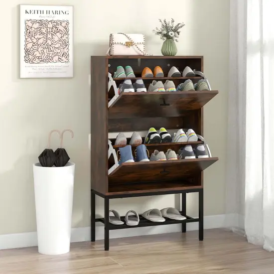 Costway Industrial Shoe Storage Cabinet with 2 Flip Drawers 1 Bottom Metal Shelf Organizer {2}