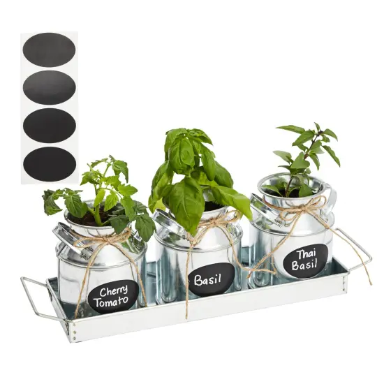 Set of 3 Galvanized Metal Window Herb Planters for Indoor Plants, Farmhouse Flowers Pots with Tray (4"D x 14"W x 5"H) {1}