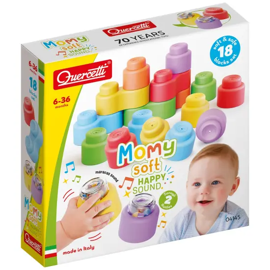 Quercetti: Momy Soft - Happy Sound - 18pc Blocks Set, Rattle Pieces, Sorting & Stacking, Construction Toy, Early Development Play, Baby & Toddler 6mo+ {1}