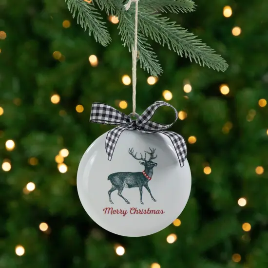 Northlight Reindeer "Merry Christmas" with a Plaid Bow Glass Disc Ornament - 4.5" - White and Black {1}