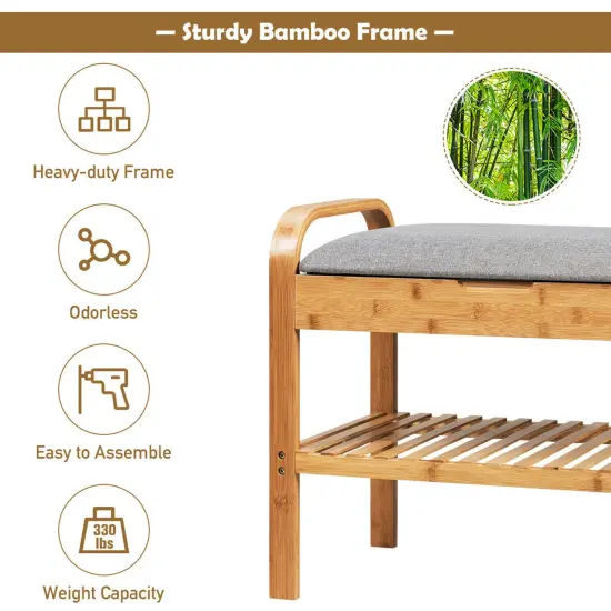 Costway Shoe Rack Bench Bamboo W/Cushioned Seat&Storage Shelf Padded Seat Shoe Bench {6}
