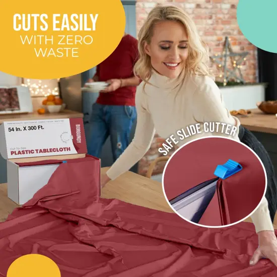  Party Solids 54" x 300' Plastic Table Cover Roll with Slide Cutter &ndash; Cut-to-Size Dispenser Box &ndash; Makes Up to 36 Disposable 8' Rectangle Tablecloths by Exquisite Burgundy {4}