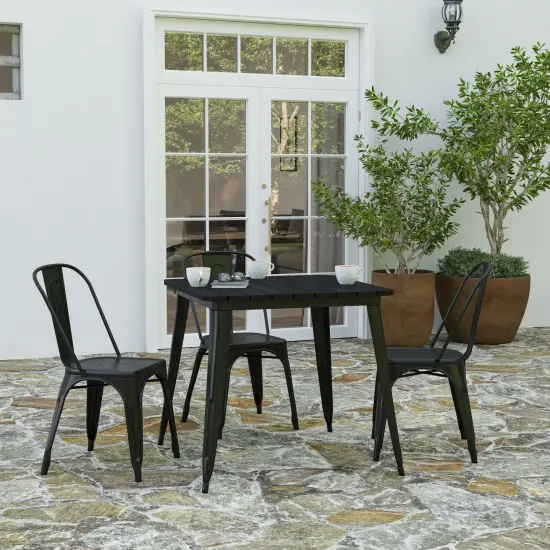 Merrick Lane Dryden Indoor/Outdoor Dining Table, 31.5" Square All Weather Poly Resin Top with Steel Base BlackTop/BlackFrame {1}