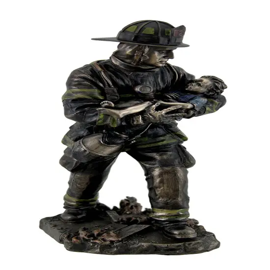 Firefighter Carrying Child Metallic Bronze Statue 11 Inches Tall {1}