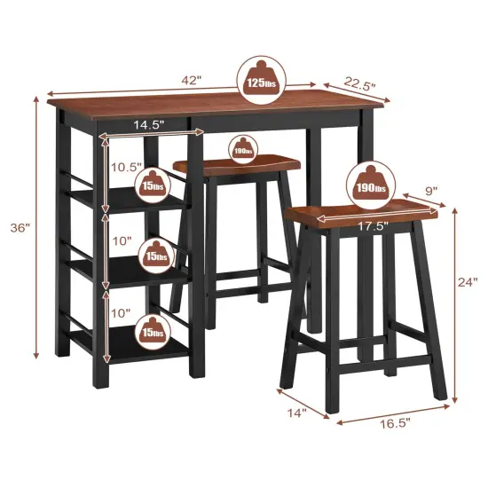 Costway 3-Piece Counter Height Dining Table Set w/2 Saddle Stools&Storage Shelves Walnut {3}