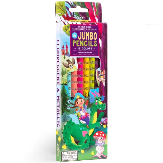 eeBoo: Jumbo Double-Sided Colored Pencils &ndash; Fairytale Dragon - 6pc, 12 Metallic & Fluorescent Colors, Sharpener, Chunky Foil Barrel, Kids Art Supplies {1}
