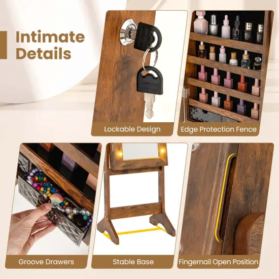 Costway LED Mirror Jewelry Cabinet with 20 LED Lights Full-Length Mirror Adjustable Angles White/Brown/Black {6}