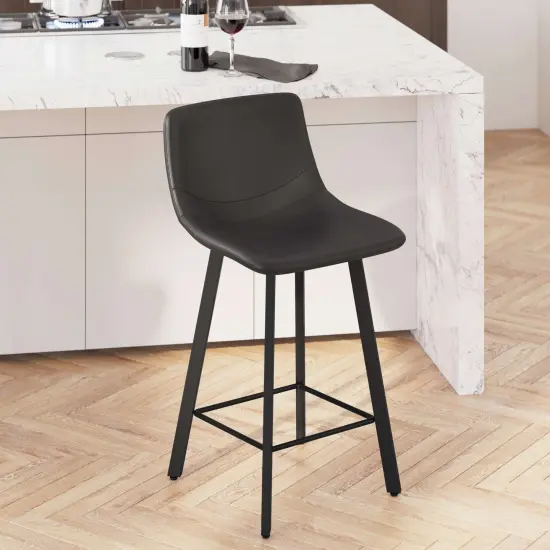 Merrick Lane Oretha Set of 2 Modern Upholstered Stools with Contoured, Low Back Bucket Seats and Iron Frames Black Faux Leather {3}