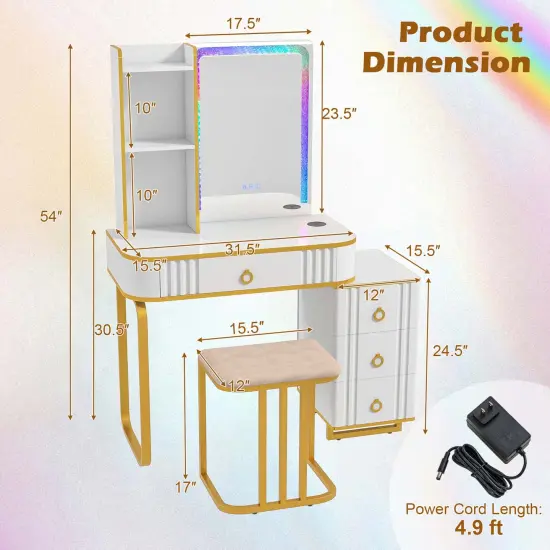 Costway Vanity Table Set with RGB LED Lights Crystal Crush Diamond Mirror Drawers Black/White {3}