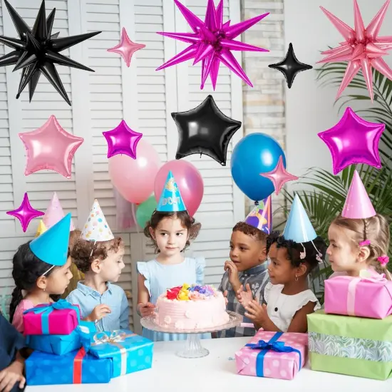 16 Pcs Black Hot Pink Star Balloons(Black Hot Pink) {6}