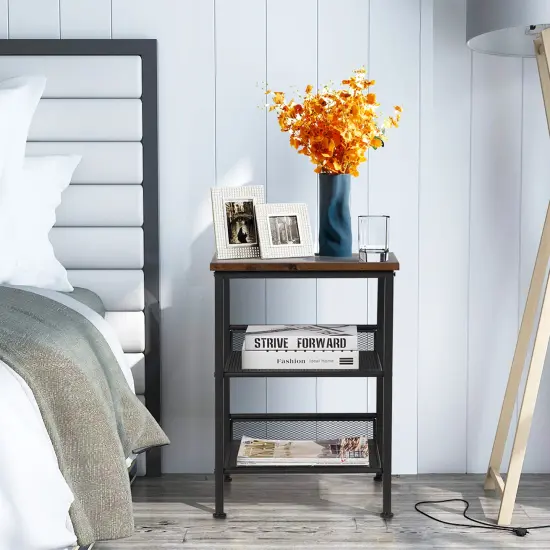 Costway 3-Tier Industrial End Side Table Nightstand W/2 Adjustable Shelves Rustic Brown {4}