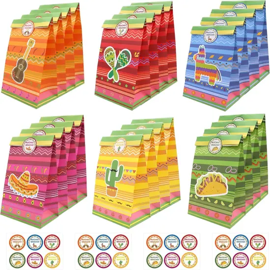 24 PCS Mexican Fiesta Party Favor Bags Paper Goodie Bags Cinco De Mayo Party Bags Taco Bar Decorations for Mexico Birthday Party Supplies Gift With Muchas Gracias Thank You Stickers {1}
